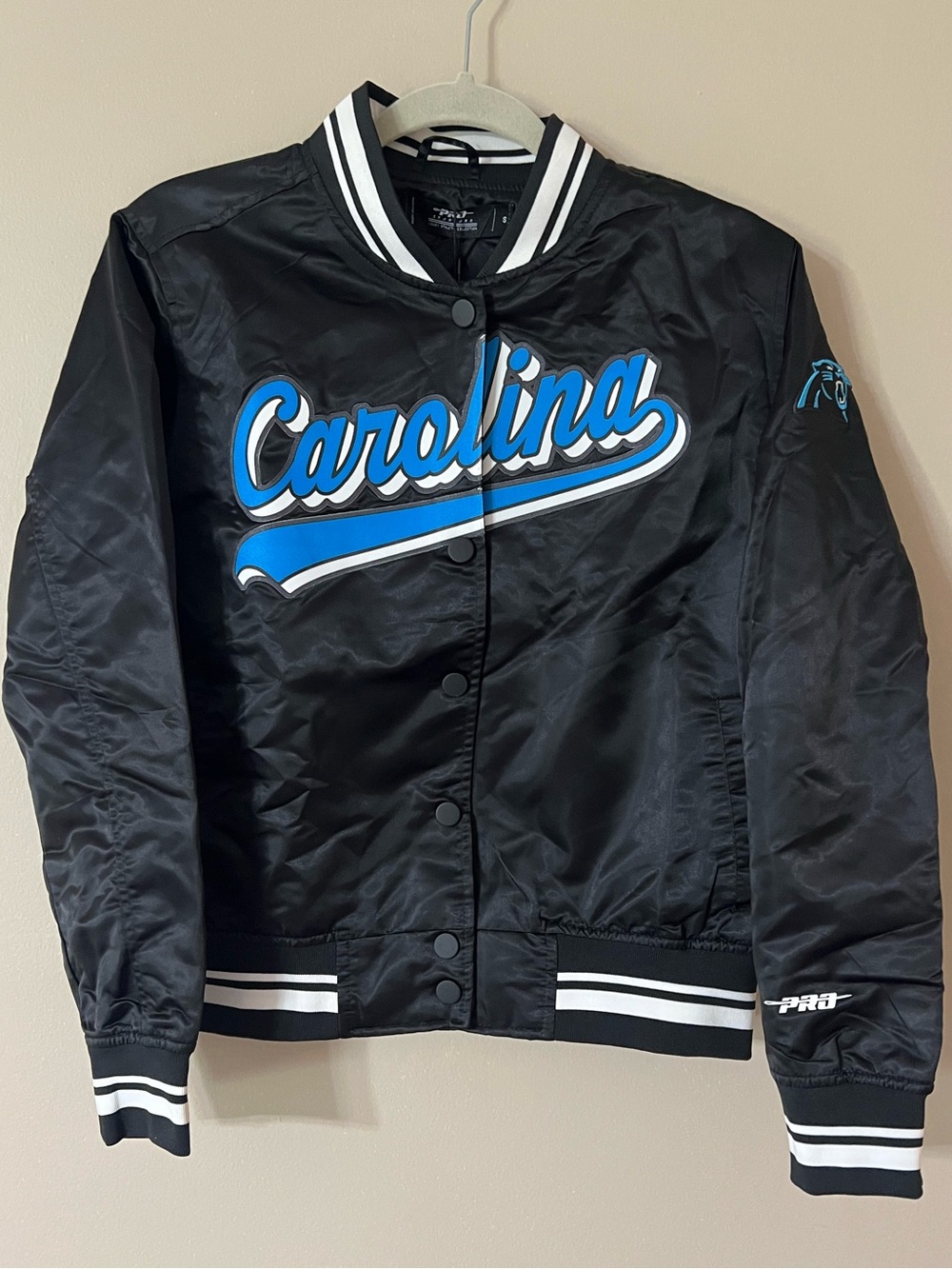 Pro Standard Carolina Panthers Script Tail satin varsity jacket